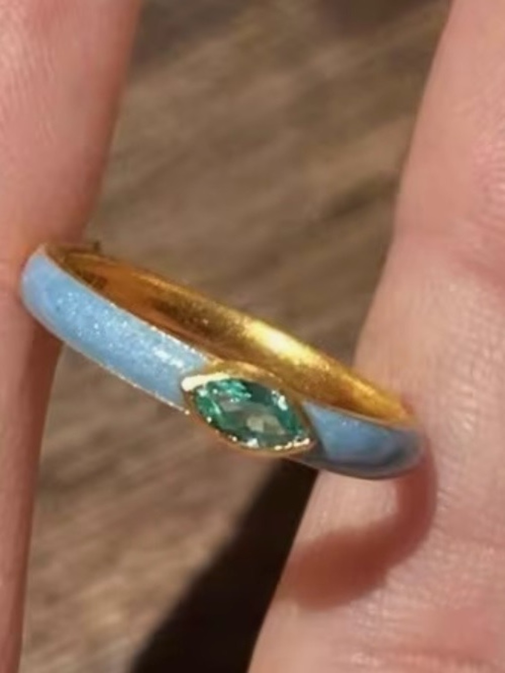 Gold-Tone Blue Enamel Ring with Green Crystal Accent Size 7 - Picture 2 of 7